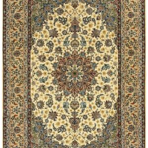 1950s Small Classic Beige Field Medallion Vintage Isfahan Wool Silk Carpet Rug