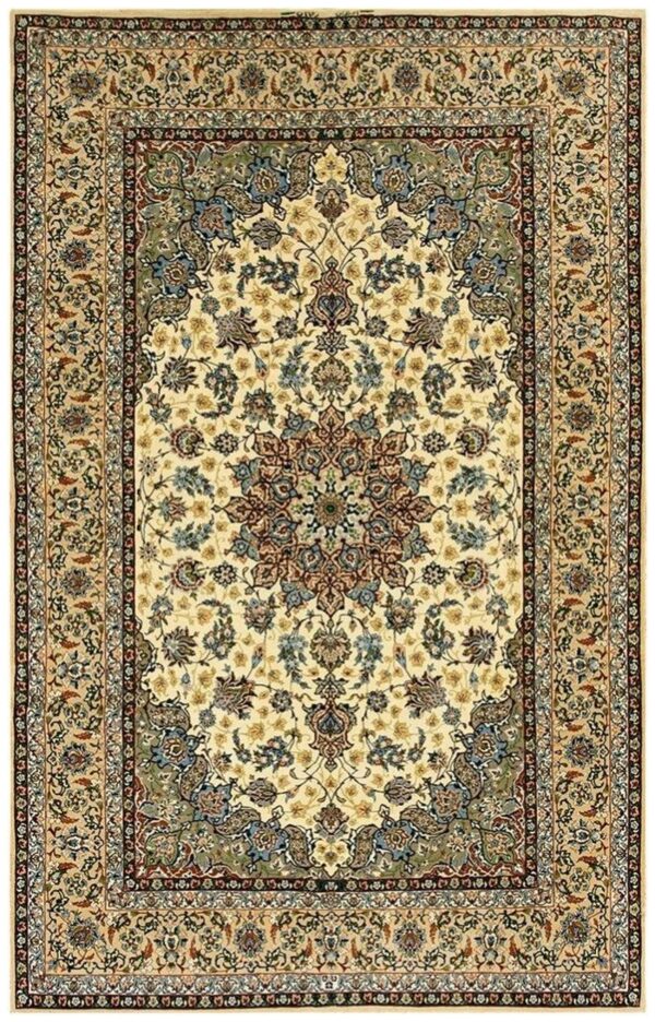 1950s small classic beige field medallion vintage isfahan wool silk carpet rug 1 1950s small classic beige field medallion vintage isfahan wool silk carpet rug