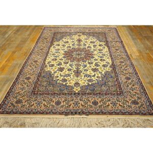 1950s Small Classic Beige Field Medallion Vintage Isfahan Wool Silk Carpet Rug - detail view 1