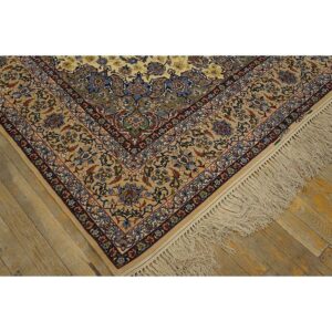 1950s Small Classic Beige Field Medallion Vintage Isfahan Wool Silk Carpet Rug - detail view 2