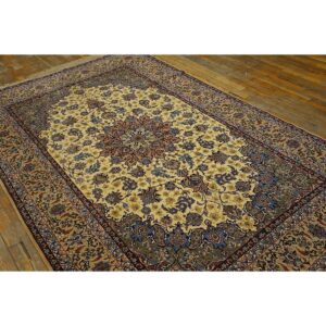 1950s Small Classic Beige Field Medallion Vintage Isfahan Wool Silk Carpet Rug - detail view 3
