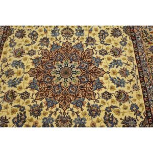 1950s Small Classic Beige Field Medallion Vintage Isfahan Wool Silk Carpet Rug - detail view 4