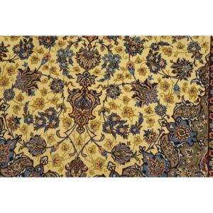1950s Small Classic Beige Field Medallion Vintage Isfahan Wool Silk Carpet Rug - detail view 5