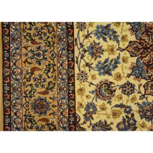 1950s Small Classic Beige Field Medallion Vintage Isfahan Wool Silk Carpet Rug - detail view 6