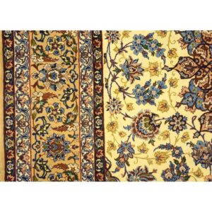 1950s Small Classic Beige Field Medallion Vintage Isfahan Wool Silk Carpet Rug - detail view 7