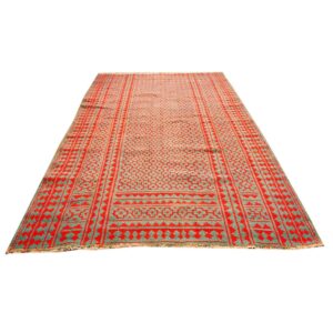 1950s Small Green Red Modern Geometric Cotton Vintage Textile Knotted Ziloo Rug - detail view 1