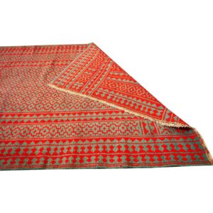 1950s Small Green Red Modern Geometric Cotton Vintage Textile Knotted Ziloo Rug - detail view 2