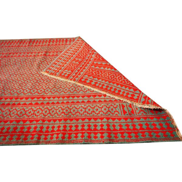 1950s small green red modern geometric cotton vintage textile knotted ziloo rug 3 1950s small green red modern geometric cotton vintage textile knotted ziloo rug - detail view 2