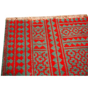 1950s Small Green Red Modern Geometric Cotton Vintage Textile Knotted Ziloo Rug - detail view 3