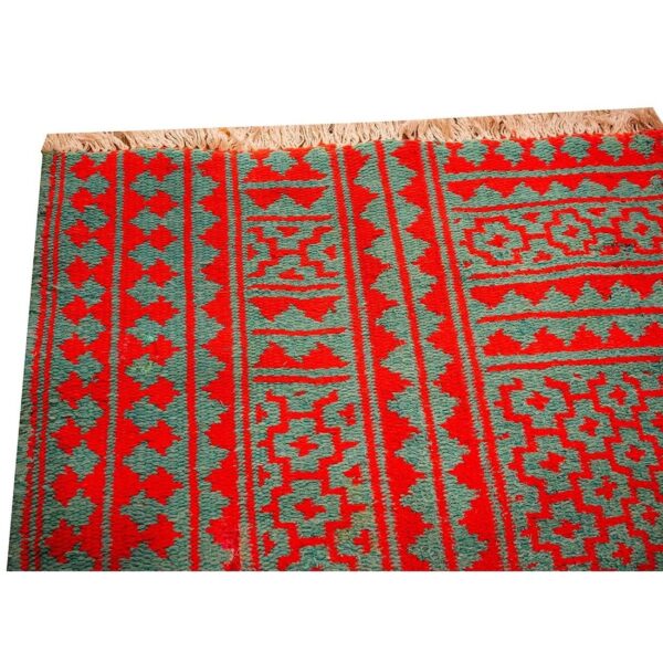 1950s small green red modern geometric cotton vintage textile knotted ziloo rug 4 1950s small green red modern geometric cotton vintage textile knotted ziloo rug - detail view 3