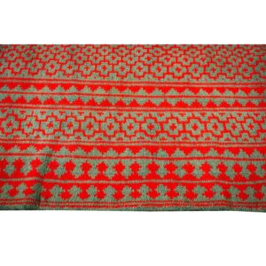 1950s Small Green Red Modern Geometric Cotton Vintage Textile Knotted Ziloo Rug - detail view 4
