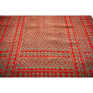 1950s Small Green Red Modern Geometric Cotton Vintage Textile Knotted Ziloo Rug - detail view 5