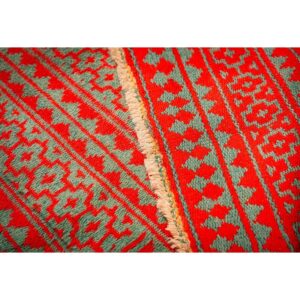 1950s Small Green Red Modern Geometric Cotton Vintage Textile Knotted Ziloo Rug - detail view 6