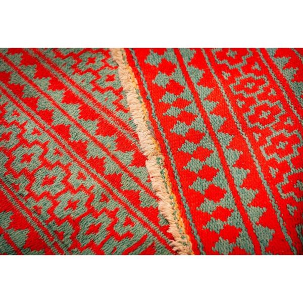 1950s small green red modern geometric cotton vintage textile knotted ziloo rug 7 1950s small green red modern geometric cotton vintage textile knotted ziloo rug - detail view 6