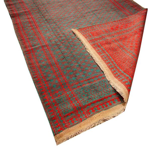 1950s small solid green modern geometric vintage cotton textile ziloo rug 3 1950s small solid green modern geometric vintage cotton textile ziloo rug - detail view 2