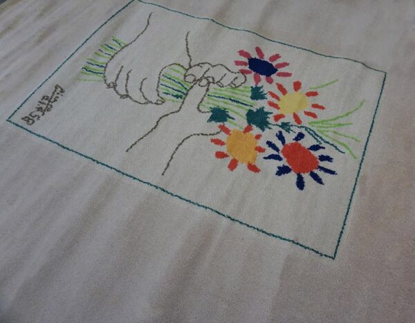 1960s artistic ivory cream art moderne pablo picasso bouquet of peace design rug 4 1960s artistic ivory cream art moderne pablo picasso bouquet of peace design rug - detail view 3