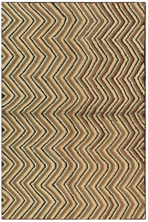 1960s multicolor chevron folk art vintage knotted wool american hooked rug