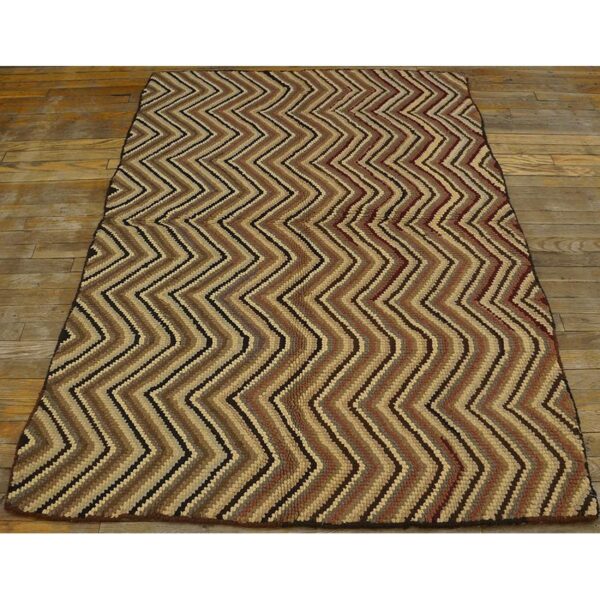 1960s multicolor chevron folk art vintage knotted wool american hooked rug - detail view 1