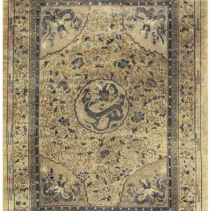 1980s Beige Traditional Vintage Medallion Dragon Chinese Knotted Silk Carpet Rug