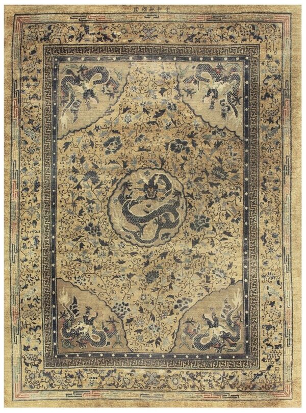 1980s beige traditional vintage medallion dragon chinese knotted silk carpet rug 1 1980s beige traditional vintage medallion dragon chinese knotted silk carpet rug