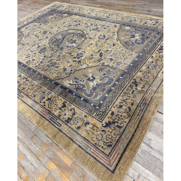 1980s beige traditional vintage medallion dragon chinese knotted silk carpet rug 2 1980s beige traditional vintage medallion dragon chinese knotted silk carpet rug - detail view 1