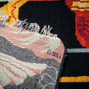 Black floral contemporary rug hand-knotted back detail