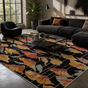 Black floral contemporary rug styled in a modern living room