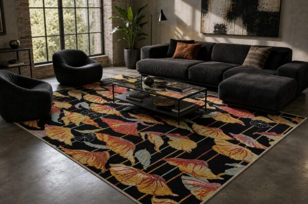 Black floral contemporary rug styled in a modern living room