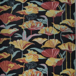 Black contemporary Art Nouveau floral hand-knotted wool area rug, full overhead view