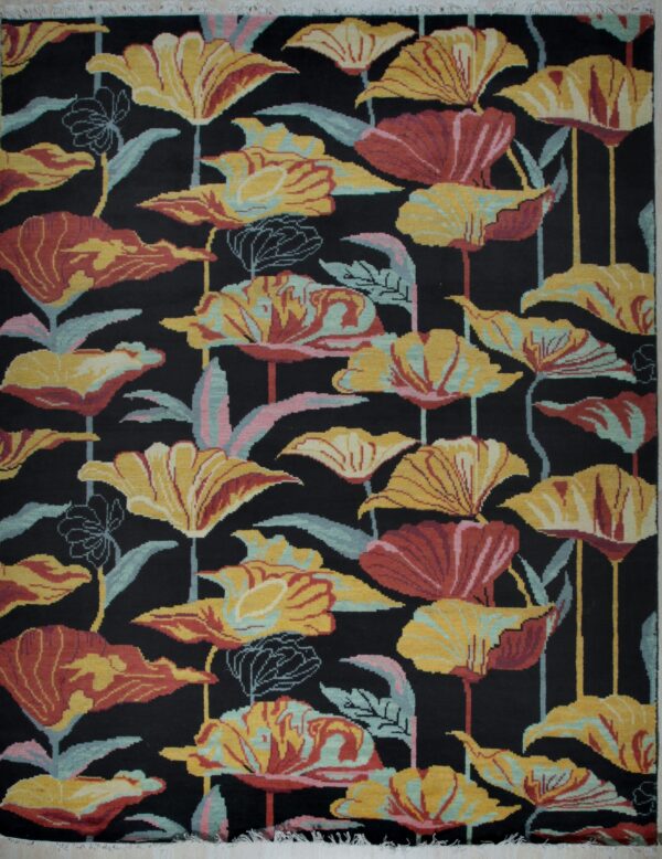Black contemporary art nouveau floral hand-knotted wool area rug, full overhead view