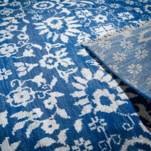 Blue ivory Oushak rug back and field detail