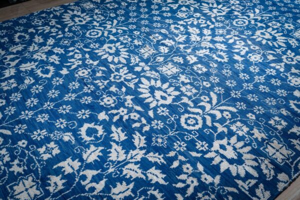 Blue ivory oushak rug allover floral field detail
