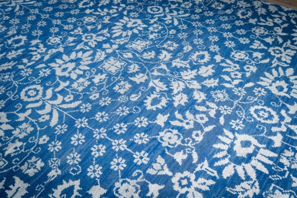 Blue ivory oushak rug top-down allover floral detail