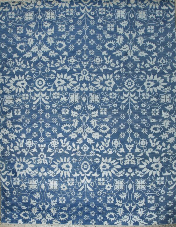 Blue and ivory oushak floral hand-knotted wool area rug, full overhead view