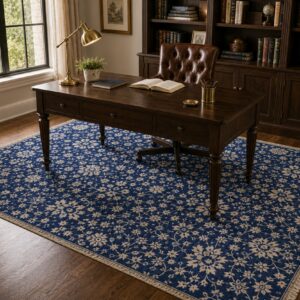 Blue ivory Oushak floral rug styled in a study with a writing desk