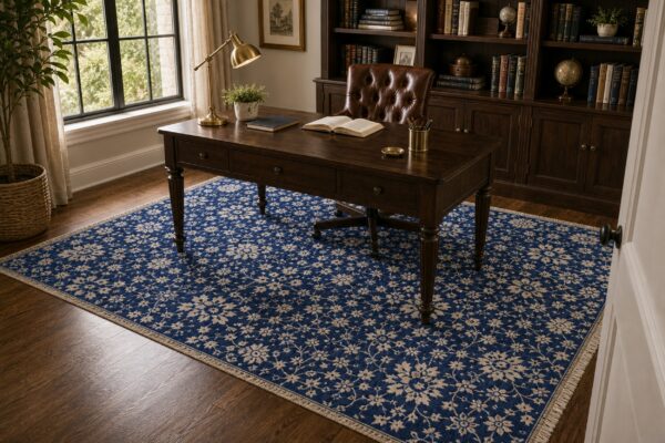 Blue ivory oushak floral rug styled in a study with a writing desk