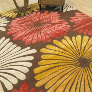 Brown transitional floral rug angled view with oversized blooms