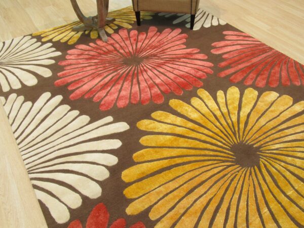 Brown transitional floral rug angled view with oversized blooms