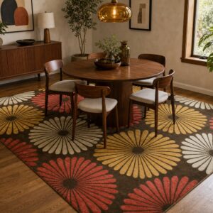 Brown transitional floral rug styled in a mid-century dining room