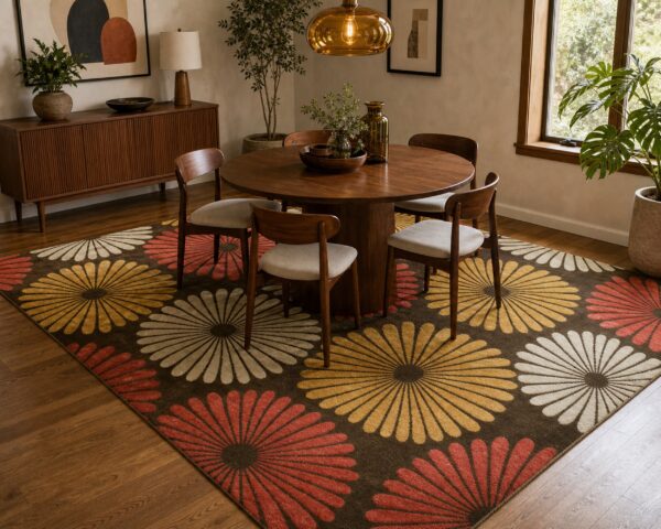 Brown transitional floral rug styled in a mid-century dining room