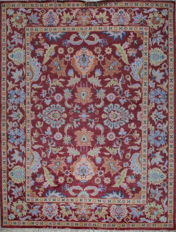 Burgundy oushak floral hand-knotted wool area rug, full overhead view