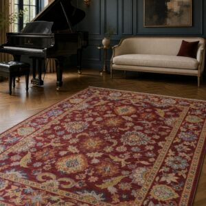 Burgundy Oushak floral rug styled in an elegant sitting room