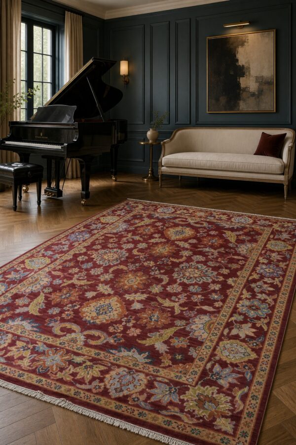 Burgundy oushak floral rug styled in an elegant sitting room