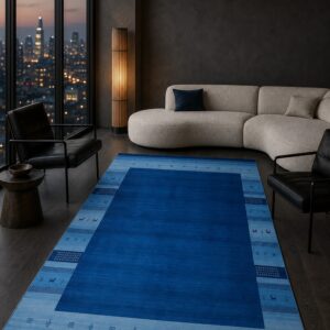 Handloomed Blue Gabbeh Tribal Wool Area Rug in a styled room (1)
