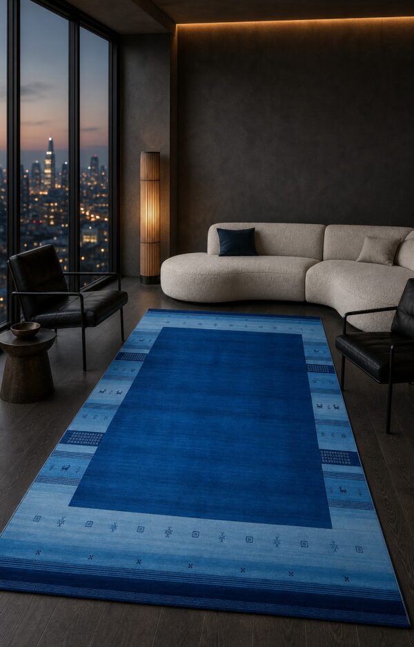 Handloomed blue gabbeh tribal wool area rug 18 Handloomed blue gabbeh tribal wool area rug in a styled room (1)