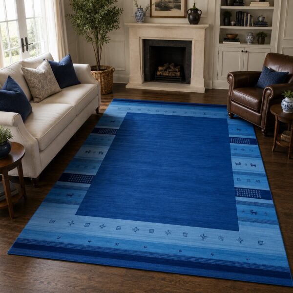 Handloomed blue gabbeh tribal wool area rug 19 Handloomed blue gabbeh tribal wool area rug in a styled room (2)