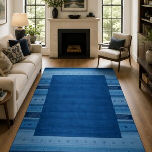 Handloomed Blue Gabbeh Tribal Wool Area Rug in a styled room (3)