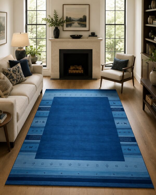 Handloomed blue gabbeh tribal wool area rug 20 Handloomed blue gabbeh tribal wool area rug in a styled room (3)