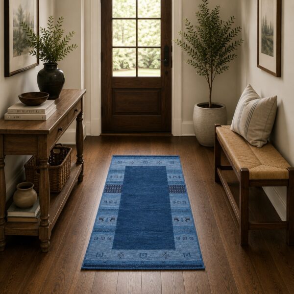 Handloomed blue gabbeh tribal wool area rug 21 Handloomed blue gabbeh tribal wool area rug in a styled room (4)