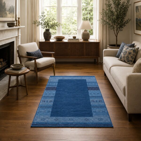 Handloomed blue gabbeh tribal wool area rug 22 Handloomed blue gabbeh tribal wool area rug in a styled room (5)
